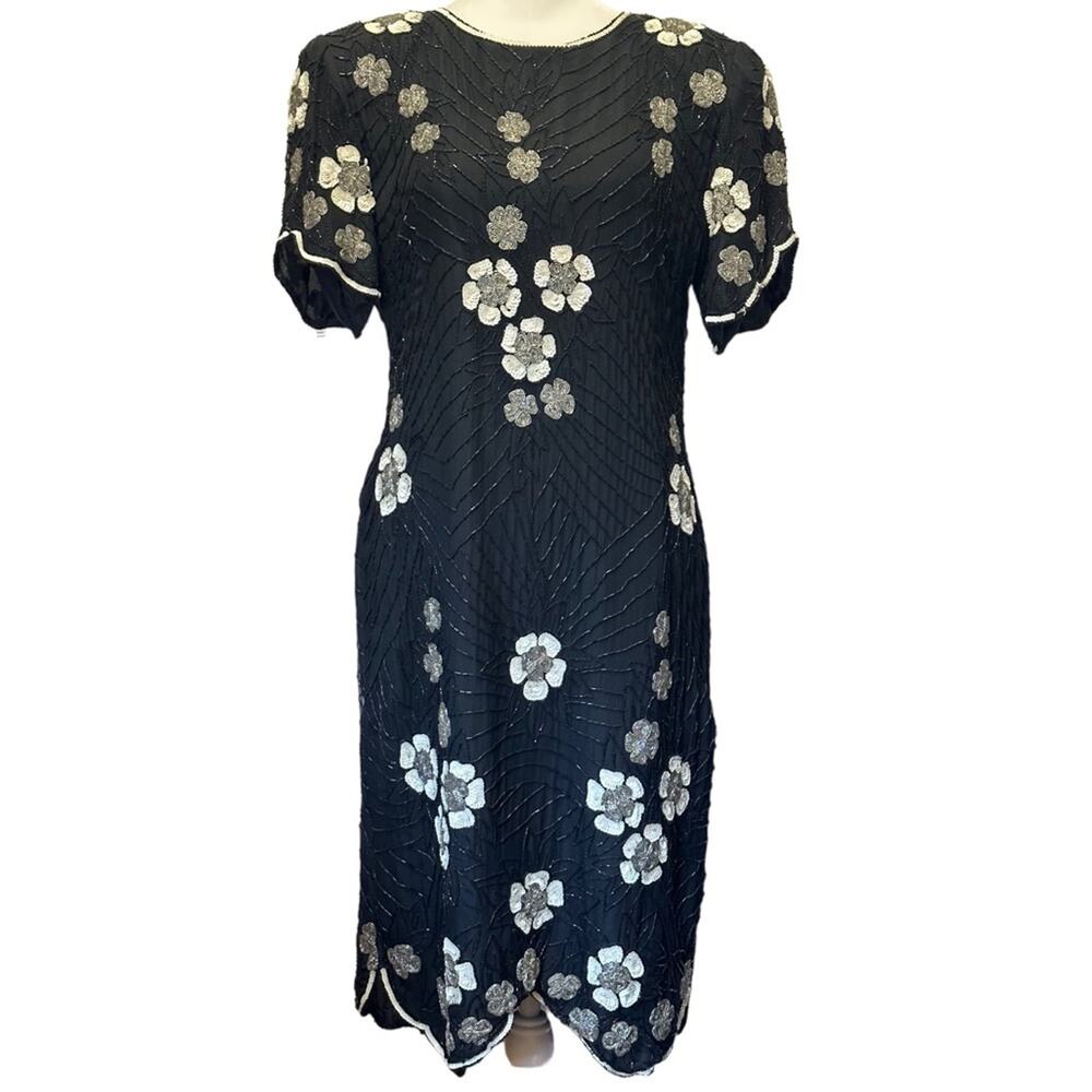 80s/90s STENAY Beaded Silk Dress VTG size 10 Cutout Back Scalloped Hem Florals